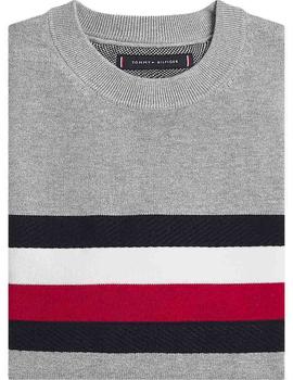 GLOBAL STRIPE CREW NECK MEDIUM GREY HEATHER