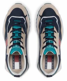 ZAPATILLAS DEPORTIVAS CON SUELA DENTADA BEIGE Y AZUL MARINO