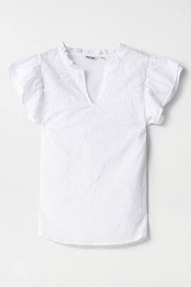 BLUSA CON BORDADOS, CALADOS Y VOLANTES EN LAS MANGAS BLANCA