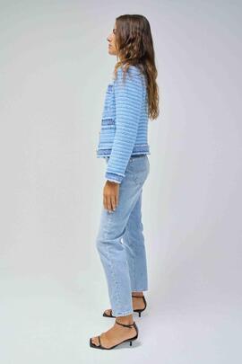 CHAQUETA CHANEL TWEED AZUL CON DETALLES EN DENIM DESFLECADO
