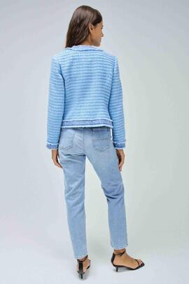 CHAQUETA CHANEL TWEED AZUL CON DETALLES EN DENIM DESFLECADO