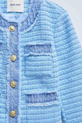 CHAQUETA CHANEL TWEED AZUL CON DETALLES EN DENIM DESFLECADO