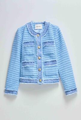 CHAQUETA CHANEL TWEED AZUL CON DETALLES EN DENIM DESFLECADO