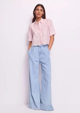 CAMISA MANGA CORTA DE RAYAS ROSAS CON BORDADOS Y CALADOS