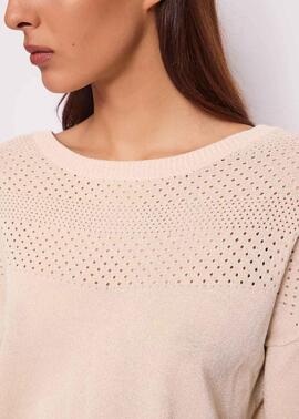JERSEY DE PUNTO FINO BEIGE CON CALADOS