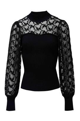 CAMISETA CON CUELLO ACANALADA CON DETALLES DE ENCAJE NEGRO