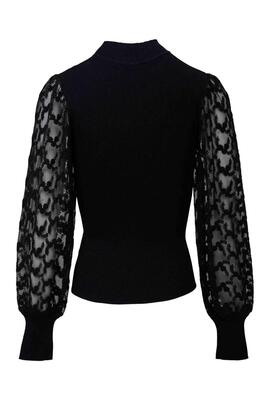 CAMISETA CON CUELLO ACANALADA CON DETALLES DE ENCAJE NEGRO