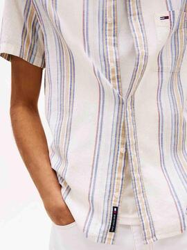CAMISA MANGA CORTA TEXTURIZADA CRUDO CON RAYAS MULTICOLOR