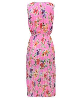 VESTIDO PLISADO DE TALLE ALTO CON CINTURÓN ROSA FLORAL