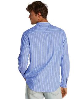 CAMISA DE LINO CUELLO MAO REGULAR FIT RAYAS AZULES