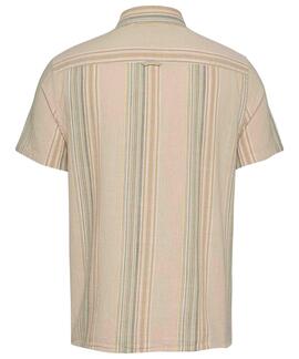 CAMISA MANGA CORTA TEXTURIZADA BEIGE CON RAYAS MULTICOLOR