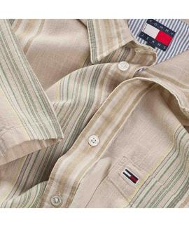 CAMISA MANGA CORTA TEXTURIZADA BEIGE CON RAYAS MULTICOLOR