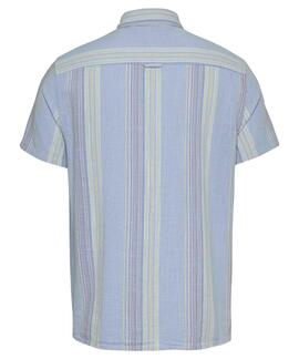 CAMISA MANGA CORTA TEXTURIZADA AZUL CON RAYAS MULTICOLOR