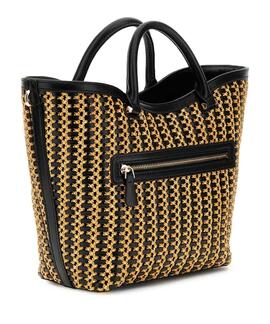 BOLSO DE MANO ATALIA RAFIA BICOLOR NEGRA Y CAMEL