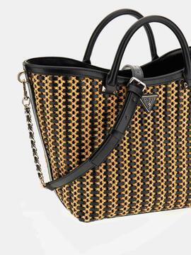 BOLSO DE MANO ATALIA RAFIA BICOLOR NEGRA Y CAMEL