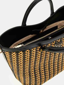 BOLSO DE MANO ATALIA RAFIA BICOLOR NEGRA Y CAMEL