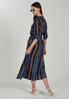 VESTIDO LARGO CAMISERO AZUL MARINO CON ESTAMPADO MARINERO