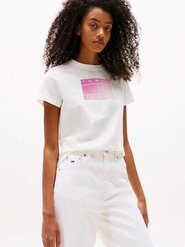 CAMISETA REGULAR FIT BLANCA CON LOGO FLOCADO ROSA