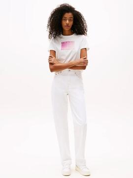 CAMISETA REGULAR FIT BLANCA CON LOGO FLOCADO ROSA