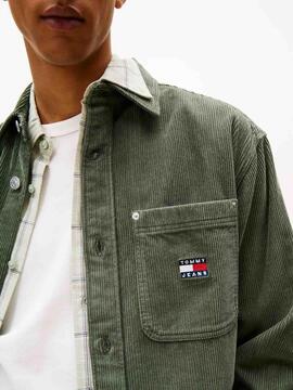 SOBRECAMISA DE PANA RELAXED FIT VERDE CON LOGO