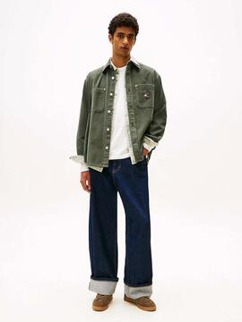 SOBRECAMISA DE PANA RELAXED FIT VERDE CON LOGO