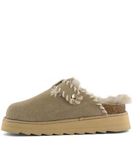 ZUECO SABOT DE PLATAFORMA EN ANTE VACUNO BEIGE CON PESPUNTES