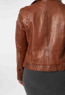 CAZADORA DE PIEL WOMEN BIKER ASYMMETRICAL COGNAC MARRÓN ENVE