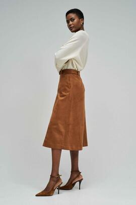 FALDA MIDI REGULAR FIT EN ANTE SINTÉTICO MARRÓN