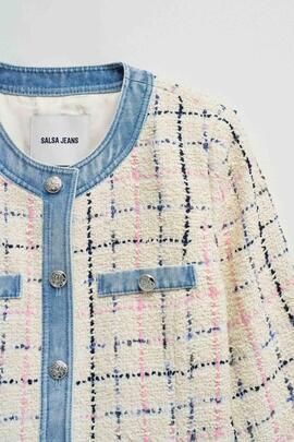 CHAQUETA TWEED SLIM FIT CON DETALLES EN DENIM AZUL