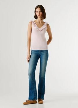 TOP CANALÉ MILLIE SLIM FIT CUELLO PICO CON VOLANTES 300 PALE