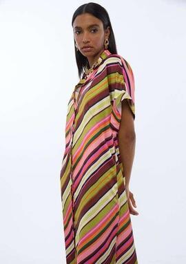 VESTIDO CAMISERO SATINADO MULTIRAYAS CRUDO MULTICO