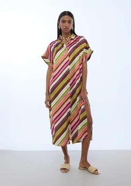 VESTIDO CAMISERO SATINADO MULTIRAYAS CRUDO MULTICO