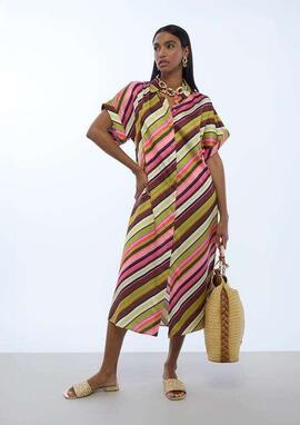 VESTIDO CAMISERO SATINADO MULTIRAYAS CRUDO MULTICO