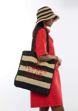 BOLSO EFECTO RAFIA A RAYAS CON BORDADO 3D NEGRO Y CRUDO