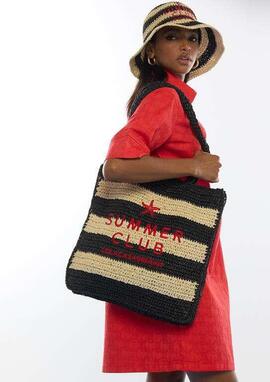 BOLSO EFECTO RAFIA A RAYAS CON BORDADO 3D NEGRO Y CRUDO