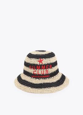 SOMBRERO EFECTO RAFIA A RAYAS CON BORDADO 3D NEGRO