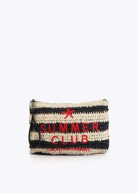 CARTERA EFECTO RAFIA A RAYAS CON BORDADO 3D NEGRO