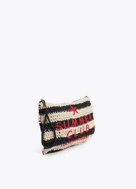 CARTERA EFECTO RAFIA A RAYAS CON BORDADO 3D NEGRO