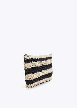 CARTERA EFECTO RAFIA A RAYAS CON BORDADO 3D NEGRO