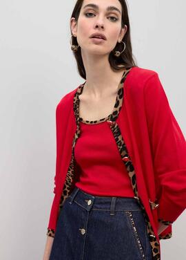 TOP CON RIB A CONTRASTE ANIMAL PRINT ROJO Y MARRÓN
