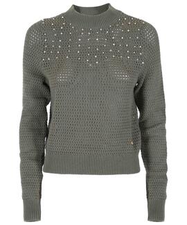 JERSEY DE PUNTO CALADO CON APLIQUES DE PEDRERÍA COLOR VERDE